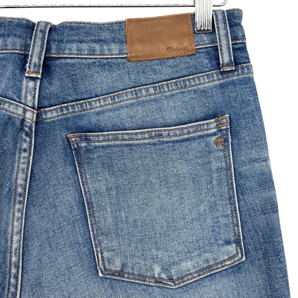 Madewell 10 High Riser Demi Boot Jeans Blue Raw Hem Size 29 (30x26) Edgy Faded